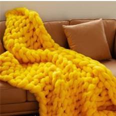 LivingAndHome Yellow Handwoven Chunky Knit Throw Blanket 100 cm Blankets