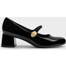 Charles & Keith Hettie Patent Metallic-Buckle Block-Heel Mary Janes - Black Patent