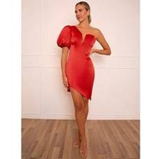 Chi Chi London One Shoulder Puff Sleeve Bodycon Dress - Red