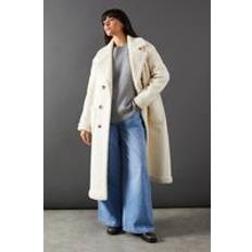 Warehouse Whipstitch Faux Leather Shearling Coat - Ivory