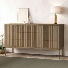 Wide Dark Wood Ribbed 6 Drawers