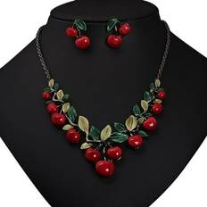 Red Jewelry Sets Ayyufe ZEUS, Set Vintage Red Cherry Fruit Set Chic Bridal Necklace Earrings