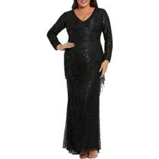 Clothing Mac Duggal Plus Size Long Sleeve V Beck Beaded Fringee Maxi Gown - Black