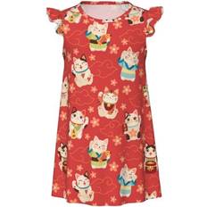 Square Nightwear Children's Clothing Disketp Japanese Maneki Cats Print Nightgown - Flutter Short Sleeves