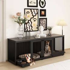 Temu Large Wooden Dog Crate Furniture with 4 Bowls