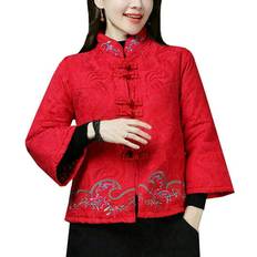 Dame - Orange Frakker Women Chinese Floral Embroidery Coat - Deep Orange