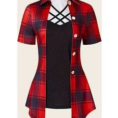 Temu Plaid Print Mixed Media Blouse - Casual