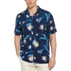 Black - Linen Shirts Cubavera Men's Floral Print Cuban Collar Short Sleeve - Navy Iris Blue