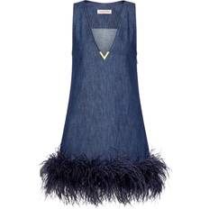 Valentino Blåa Klänningar Valentino Feather-trimmed denim minidress