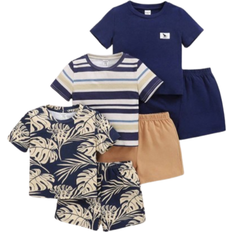 18-24M Other Sets Shein 6pcs/Set Baby Boy Casual Vacation Stripe & Leaf Pattern Short Sleeve T-Shirt, Elastic Waist Shorts Outfits