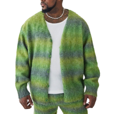 Men Cardigans boohooMAN Mens Plus Boxy Fit Knitted Brushed Stripe Cardigan Green