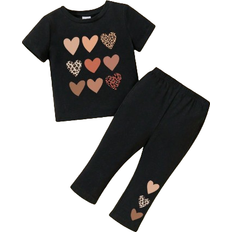 Black Other Sets Shein Baby Girl Casual Heart Pattern Round Neck Short Sleeve Top And Pants 2pcs Set, Summer, Contains 95% Cotton