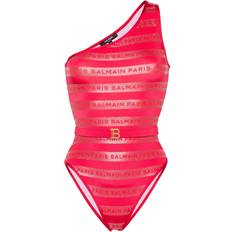 Balmain Swimsuits Balmain One Shoulder Logo Print Swimsuit - Red