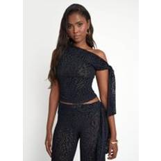 Asymmetric One Shoulder Leopard Devore Top - Black