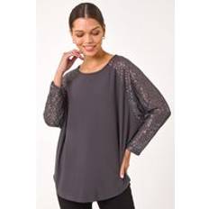 Stretch - Women Blouses Roman Sequin Sleeve Tunic Stretch Top - Grey