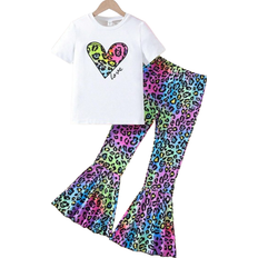 Leopard Other Sets Children's Clothing Shein Girls' Big Love Heart Letter Print Short Sleeve T-Shirt And Flare Pants 2pcs Set