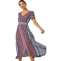 Long Dresses - Purple Roman Floral Print Fit and Flare Maxi Dress - Purple