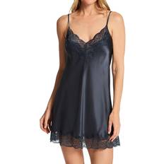 Seda Camisones Silk Chemise with Lace Trim - Navy Blue