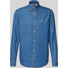 Tommy Jeans Denim Shirts Blue Plain Cotton Button-Up Shirt - Blue