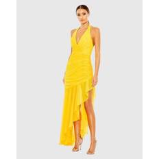 Evening Gowns - Yellow Dresses Mac Duggal Asymmetrical Ruffle Hem Halter Strap Gown