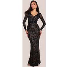 Goddiva Embroidered Sequin Mesh Maxi Dress - Black