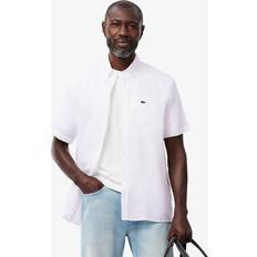 Linen Shirts - Men Elegant Poplin Shirt with Shimmering Collar Trim - White