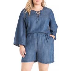 Denim Jumpsuits & Overalls Plus Bell Sleeve Lace Up Denim Romper - Navy