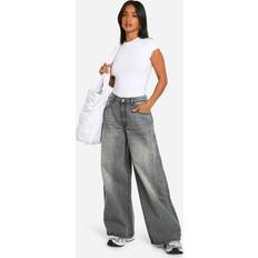 boohoo Womens The Petite Mid Rise Wide Leg Jean - Grey