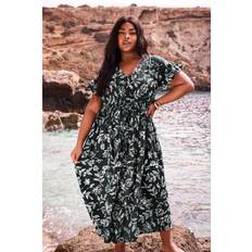 Yours Linen Maxi Dress Dotted Leaf Print - Black