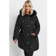 Yours Faux Fur Trim Plush Parka Jacket - Black