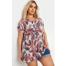 Yours Leaf Print Gathered Waist Tunic Top - Coral