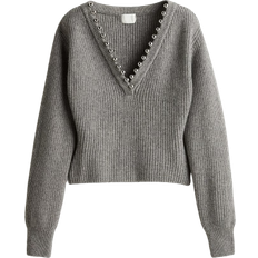 H&M Överdelar H&M Pearl Decoration Knitted Sweater - Grey Mottled