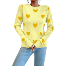 Yellow Tops Shein Heart Pattern Round Neck Sweater