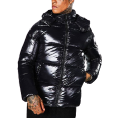boohooMAN Mens High Shine Panel Puffer Jacket Black