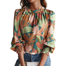 Green - Women Blouses Shein Tropical Print Mock Neck Lantern Sleeve Blouse