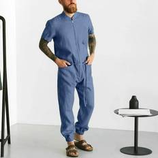 Linen - Men Jumpsuits & Overalls Wiueurtly Blue Linen Jumpsuit Short Sleeve - Solid