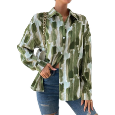 Shirt Collar Blouses Shein Brush Print Drop Shoulder Shirt