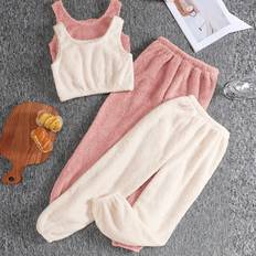 Mädchen - Rosa Sonstige Sets Shein 4 Pieces Tween Girls Minimalist & Comfortable Short Vest and Jogging Pants Fleece Lined Lounge Suit Set, Fall/Winter