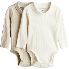 H&M Baby Ribbed Polo Neck Bodysuit 2-pack - Beige/White