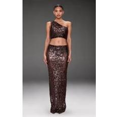 Long Skirts PrettyLittleThing Sequin Mesh Maxi Skirt - Dark Brown