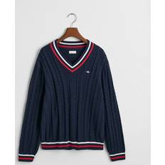 Gant Unisex Sweatere Gant V-ringad Kabelstickad Tröja - Kvällsblå