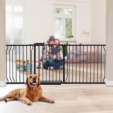 Child Safety Hoooen HOOEN 30" Tall Extra Wide Baby Gates for Doorways Stairs 76 to 86 in Large Long Pressure Mounted Pet Dog Gate Metal Tension Indoor Child Safety Gates with Extension Kits