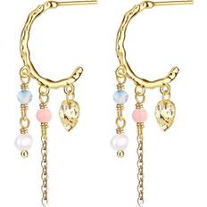 Alona Earrings - Gold/Coral/Pearls/Blue