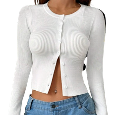 Ribbed - Women Cardigans Shein Minimalana Women Crew Neck Long Sleeve Button Casual Plain Simple Style Sweater,Long Sleeve Tops