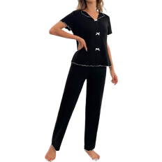 Shein Bow Decorated Color Block Trim Women's Short Sleeved Top And Long Pants Summer Pajama Set