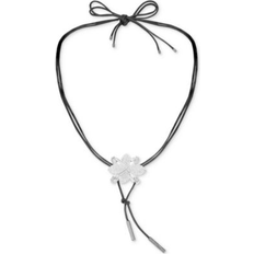 Guess Necklaces Guess Silver-Tone Pave & Marquise Stone Flower 40" Wrapped Leather Cord Choker Necklace Silver (ONE SIZE)