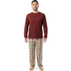 Men - Rayon Sleepwear Flannel Notch Pajama Top and Pants Set - Red/Khaki Plaid