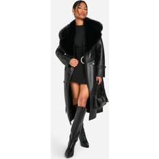 Faux Fur - Men Coats Womens Faux Fur Trench Coat - Black