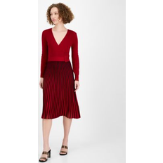 Robbie Bee Pleated Skirt Long Sleeve Dress - Red/Black