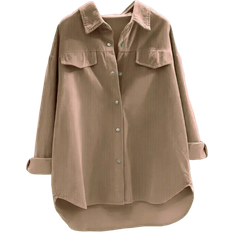 Shein Women's Solid Color Flap Detail Corduroy Shirt,Long Sleeve Tops